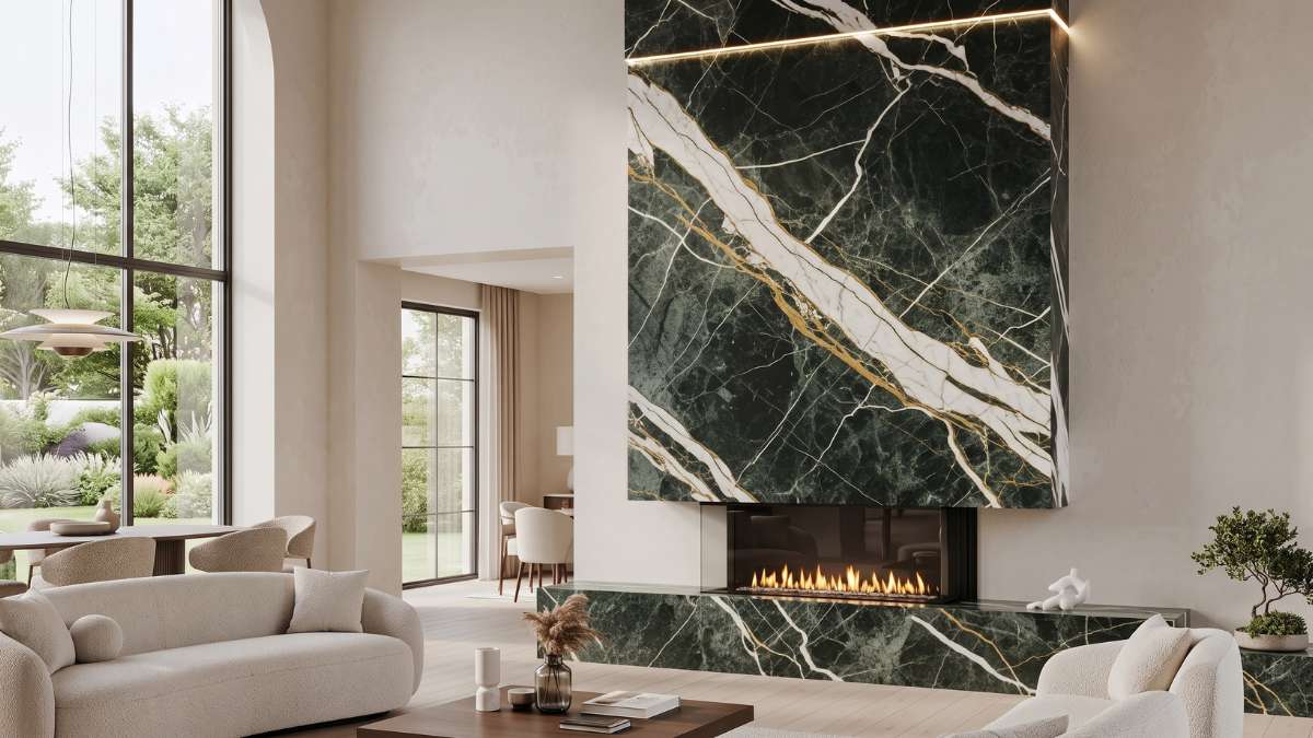 Dramatic dark green marble decorative stone used as a floor-to-ceiling fireplace feature wall in a modern living room