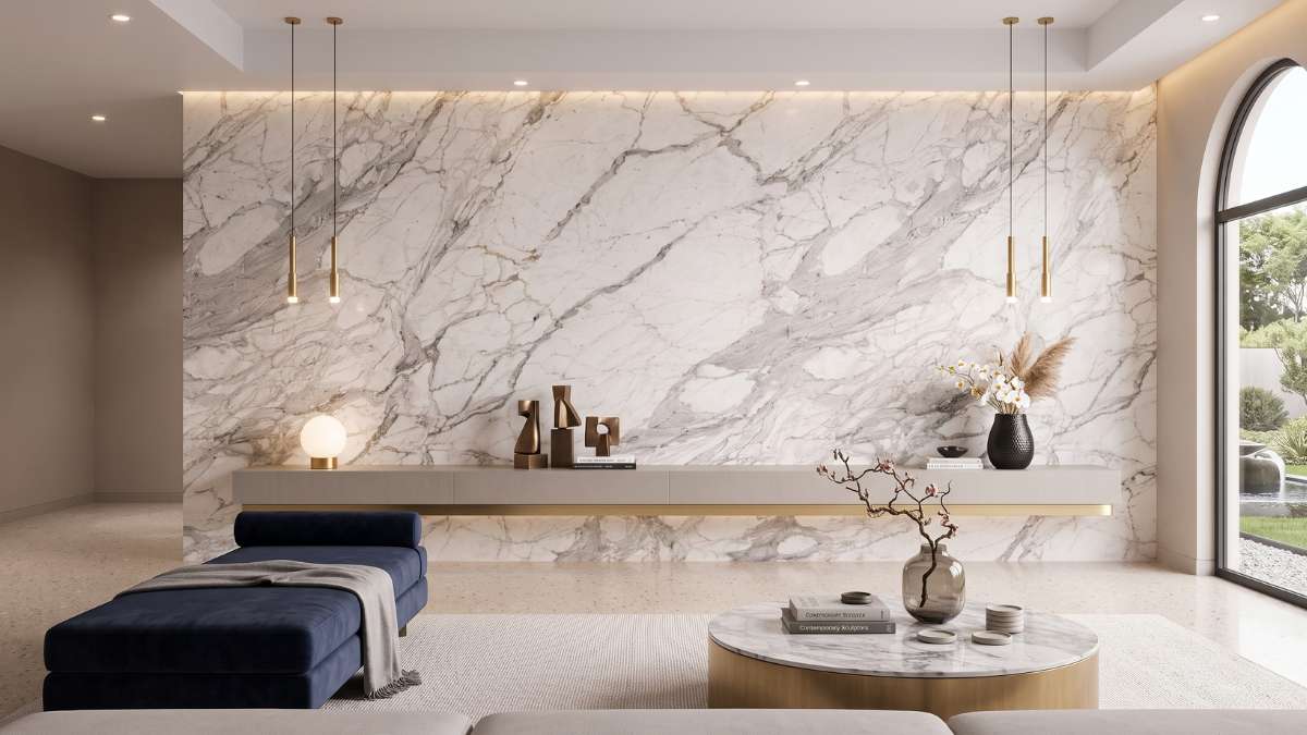 Seamless white marble decorative stone feature wall in a minimalist modern living room.