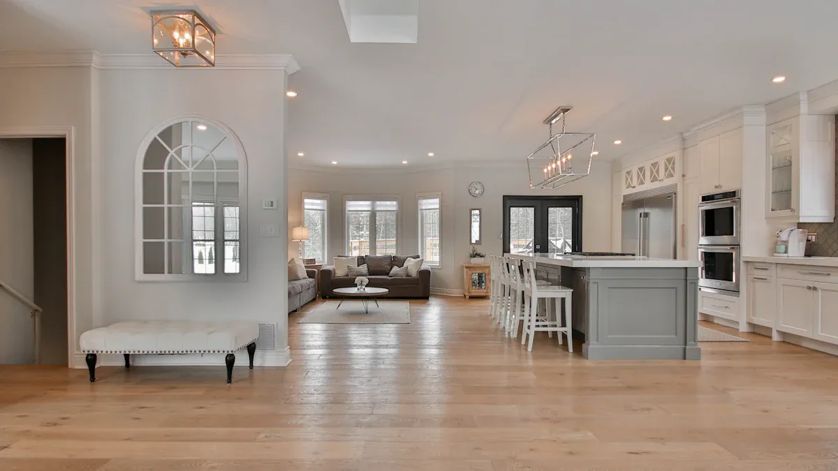 wood look tile displays in living room