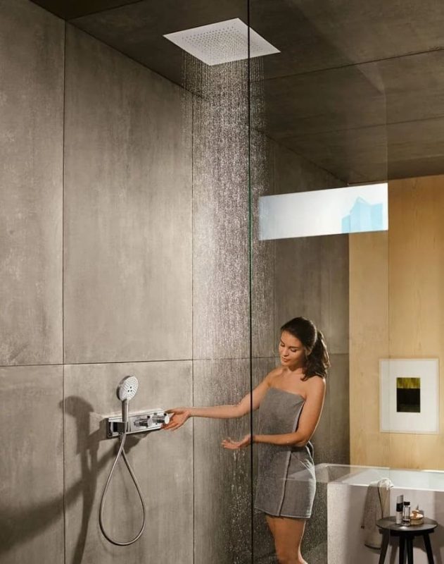 Overhead shower in hotel bathroom