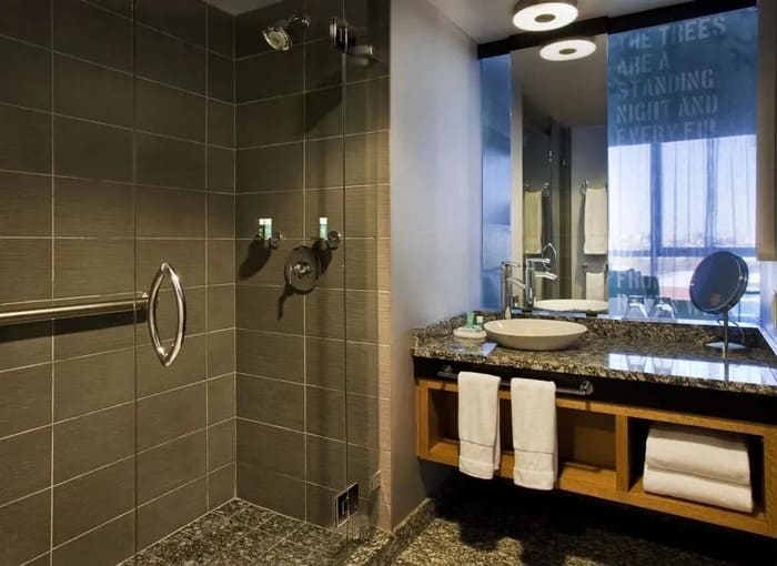 wall mounted cabinets in hotel bathroom
