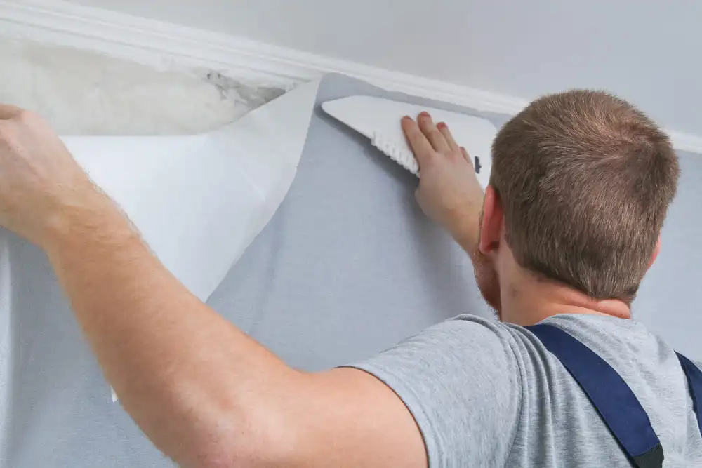 A worker is installing wallpaper