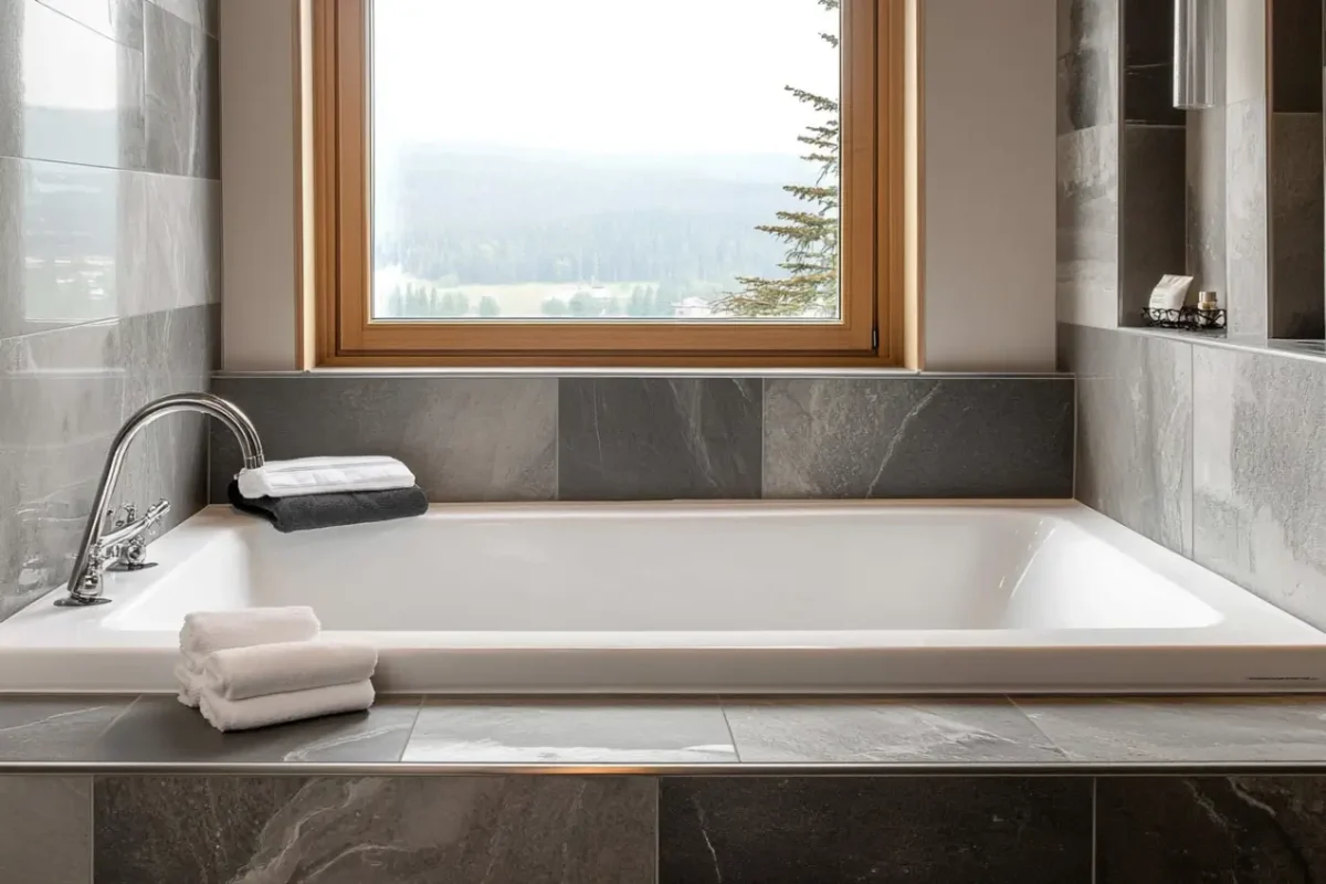 Drop-in bathtub installed inside a custom-built structural deck with stone tile finishing.