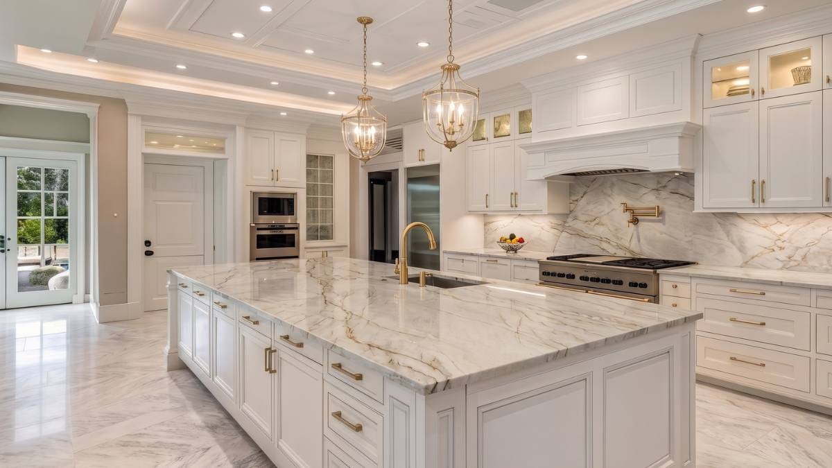 Aqua Fusion Brazilian Quartzite kitchen island paired with white shaker cabinets and brass pendant lighting.