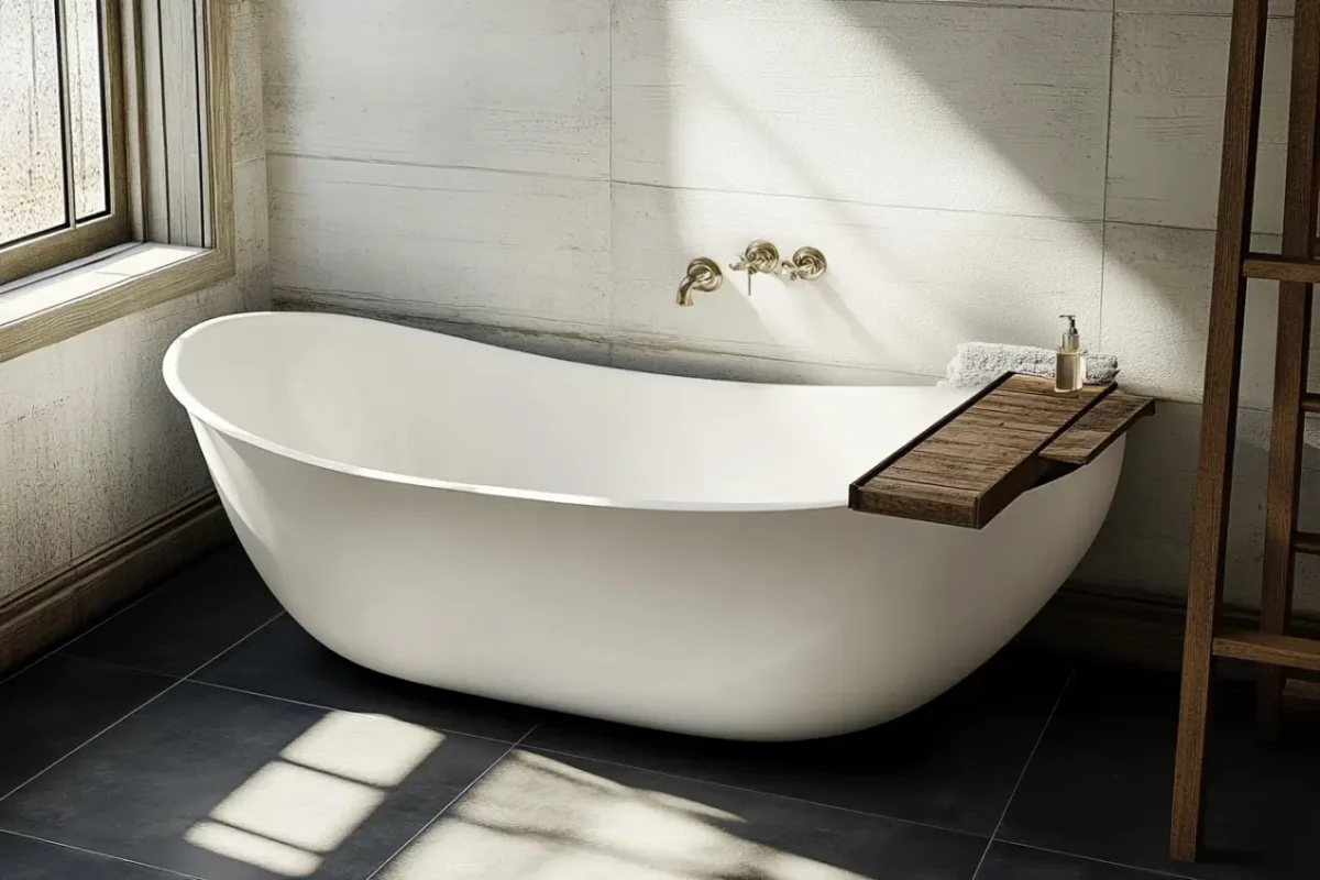 Minimalist modern soaking bathtub with clean straight lines and a slim profile