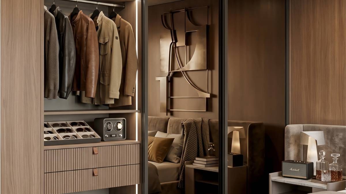 luxury mirrored closet door with a slim black frame and wood closet in bedroom