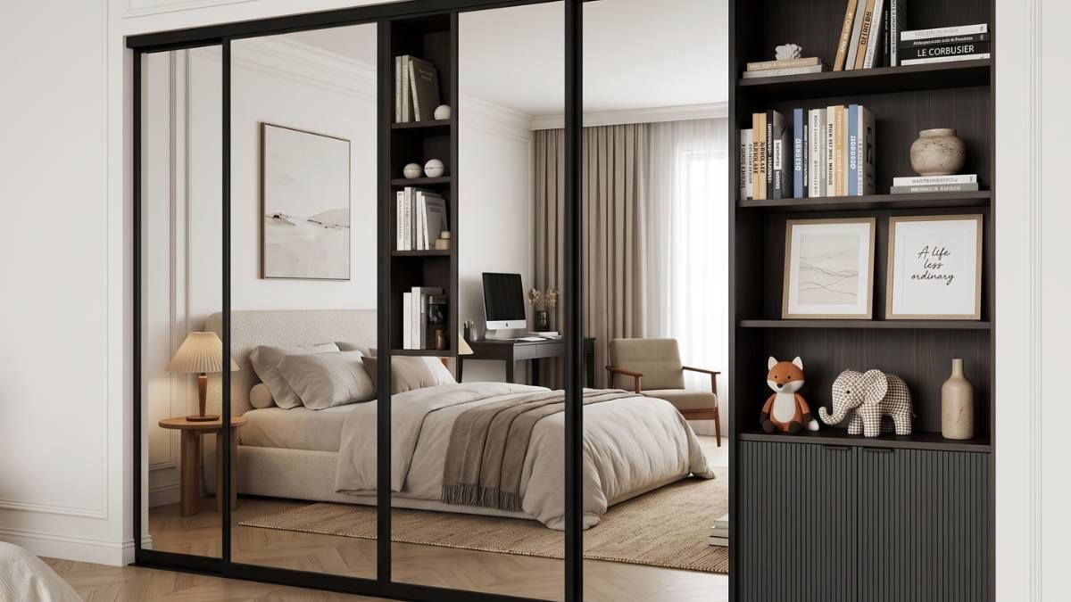 modern mirrored closet door with a slim black frame in a minimalist bedroom