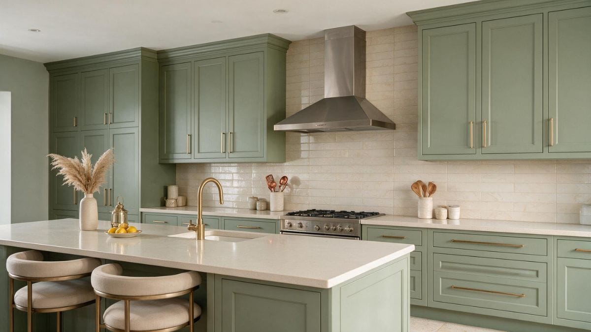 Modern George Solution kitchen featuring anti-fingerprint matte sage green cabinets, paired with a white quartz island and warm brass hardware.