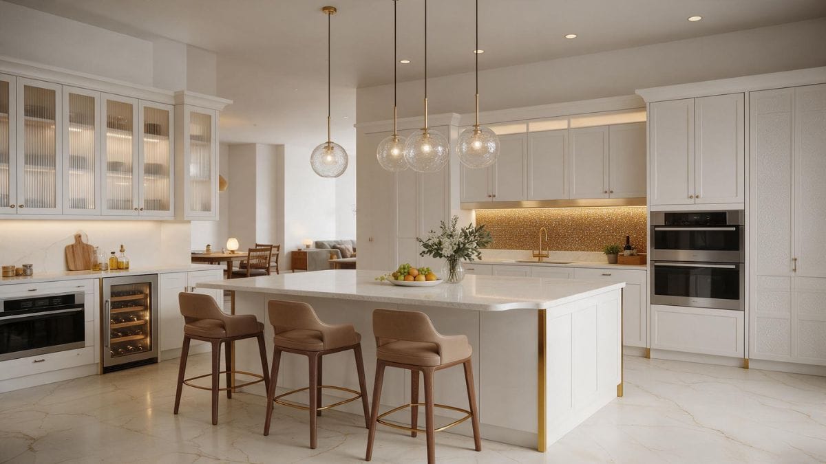 Modern design custom kitchen cabinet  featuring a white  cabinet and striking waterfall marble island