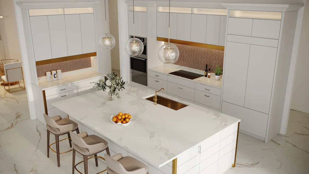 Standard kitchen counter height- Modern kitchen island design with 48-inch clearance for optimal traffic flow and seating.