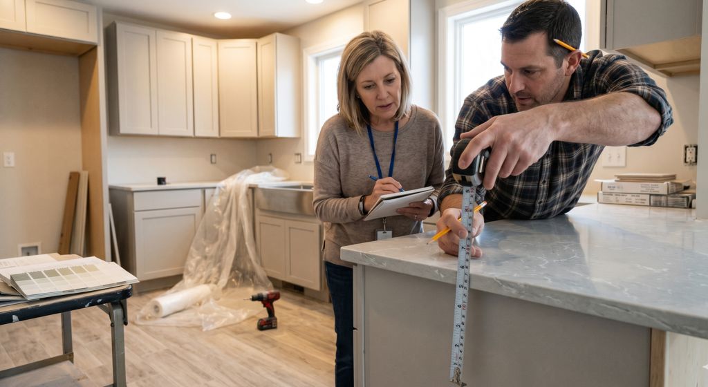 Measuring the standard 36-inch kitchen counter height for appliance compatibility.