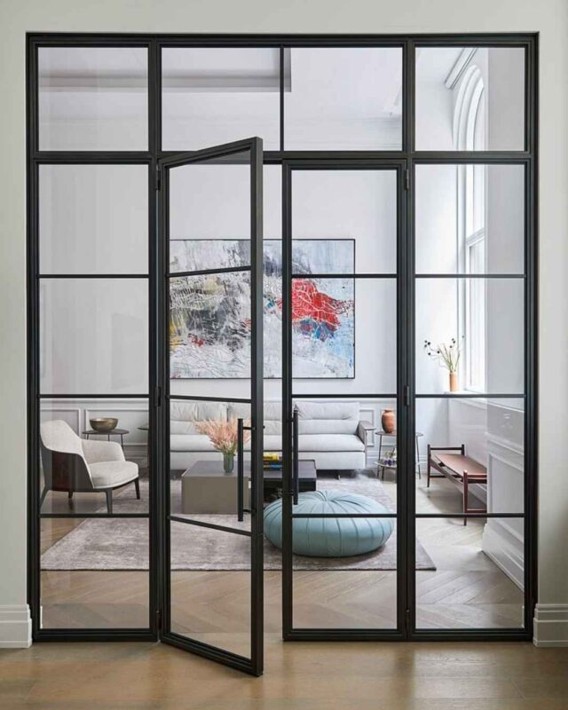slim black frame office french door deisgn with modern industrial look