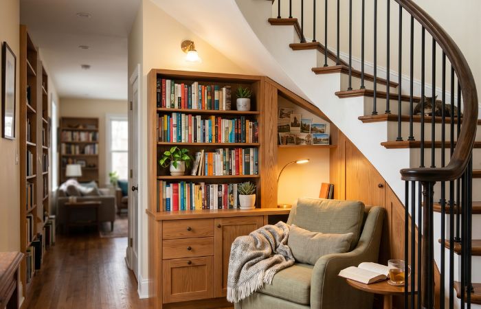 creative use of space under a curved staircase design