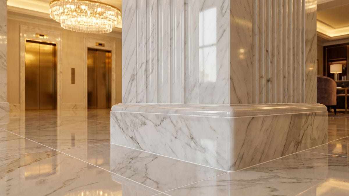 Skirting tile PGVT mirror effect in a luxury hotel lobby