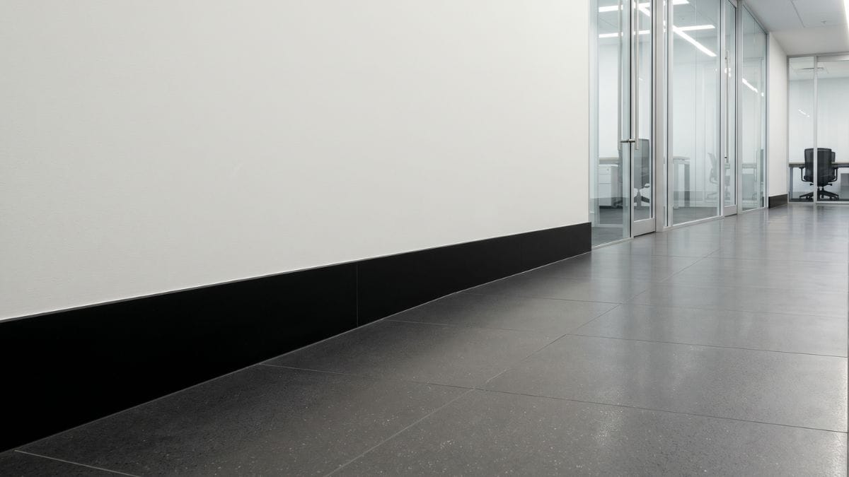 skirting tiles deisgn : bold contrast and framing in a corporate corridor