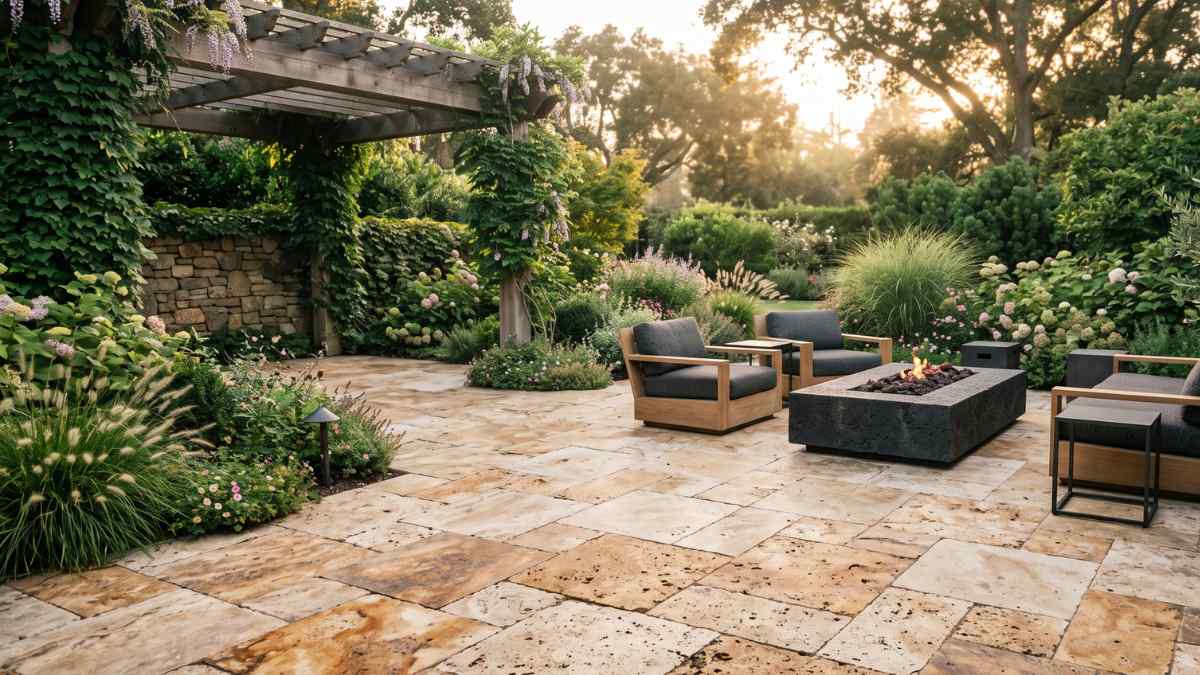 Tranquil outdoor garden patio featuring natural irregular cut travertine stone flooring.