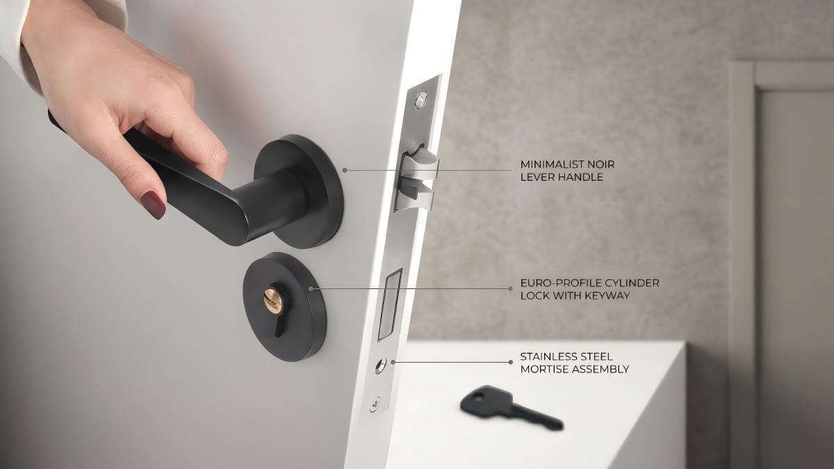 Modern black door handle lock at the proper height above a standard entry door handle.