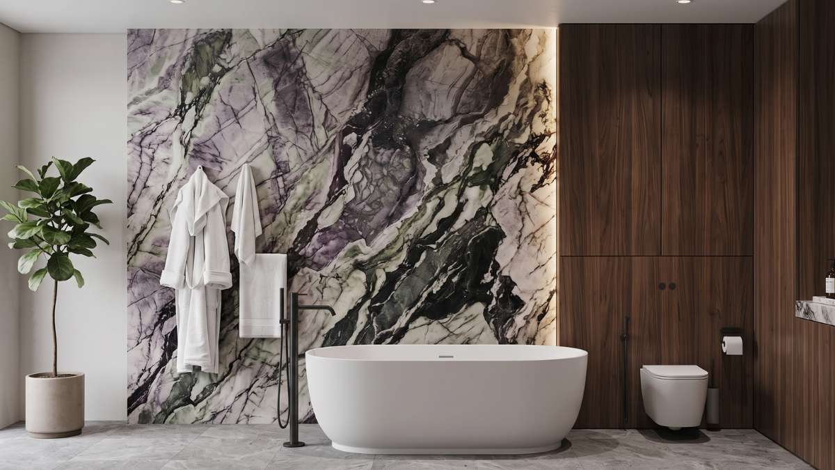 Newly installed white freestanding bathtub with a waterproof tile surround