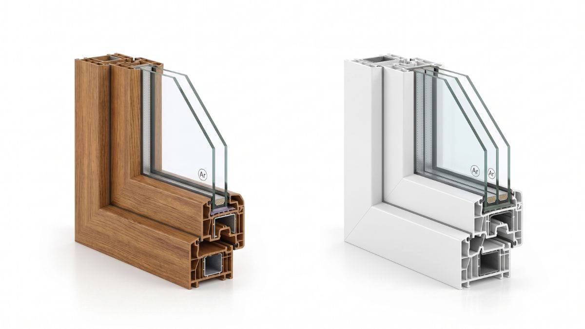 Cross-section display of different types of window glass showing double-pane and triple-pane insulated units with Argon gas fill.