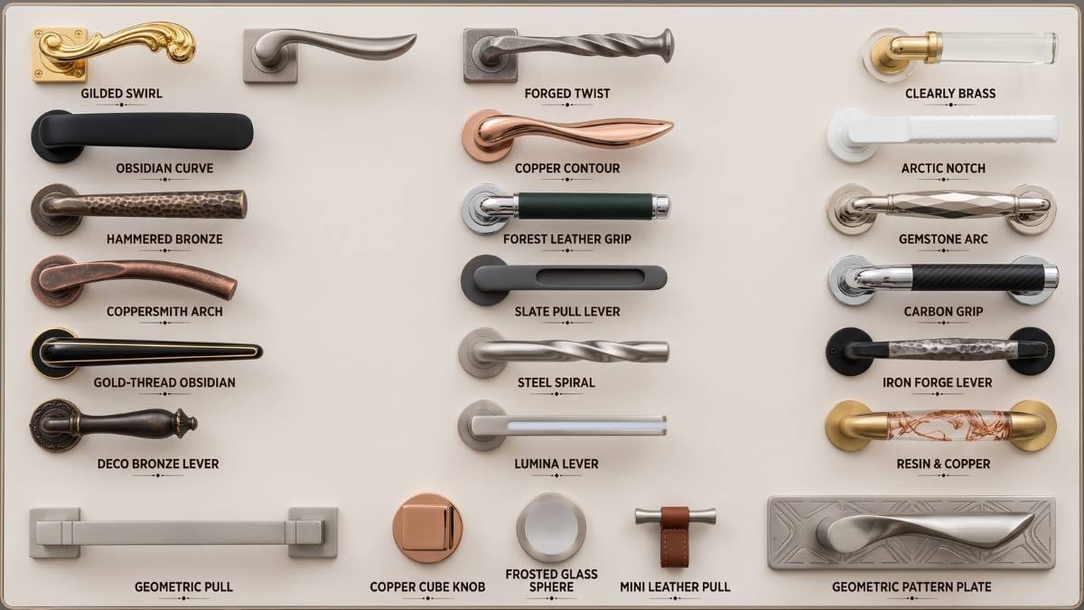 Collection of different door hardware types including ADA-compliant lever handles, traditional round knobs, and exterior entry handlesets.