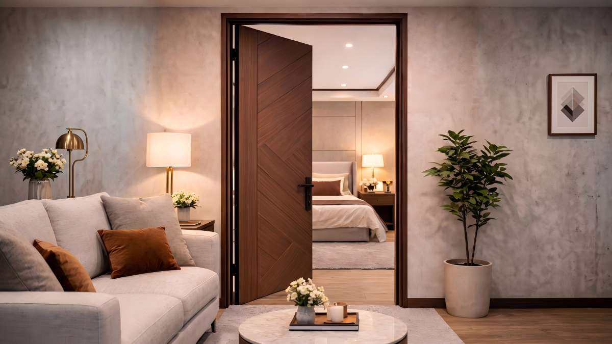 Classic solid wood interior door with a natural stained finish, demonstrating heavy premium texture and traditional design.