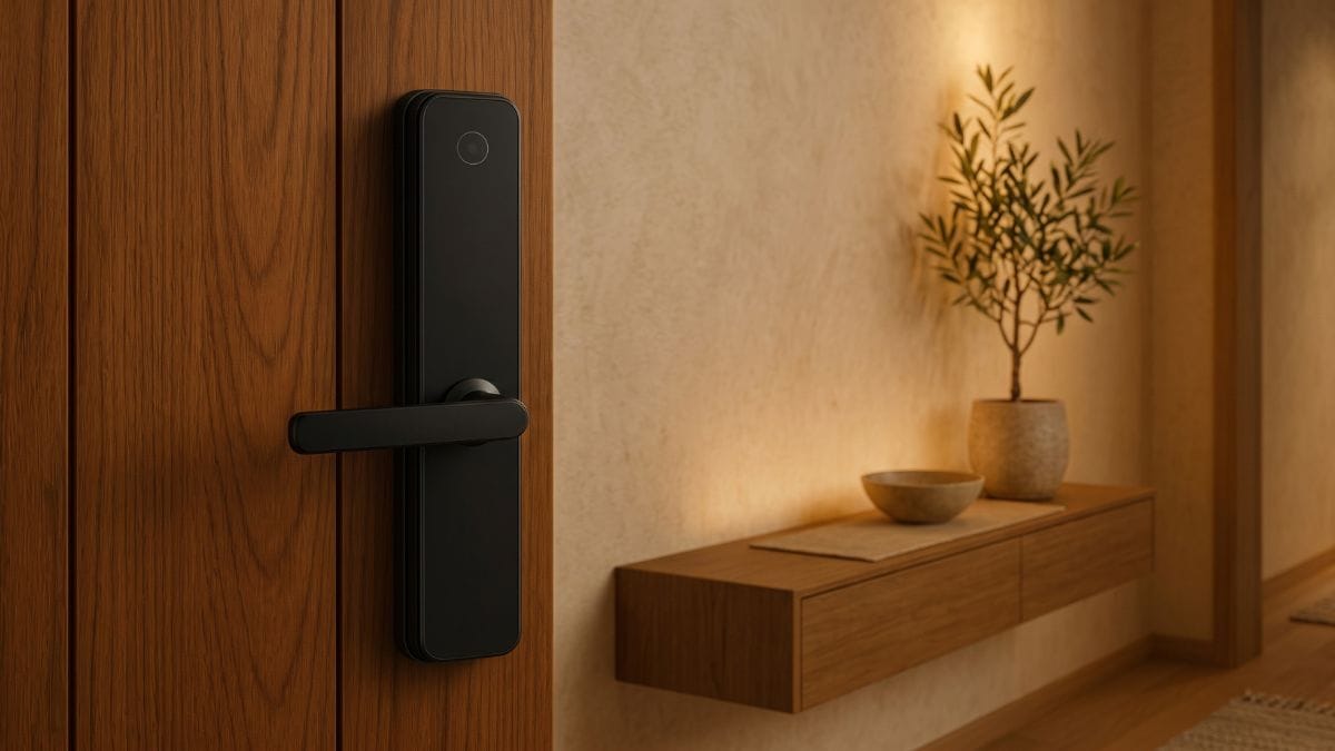 Modern smart door lock with a digital keypad and integrated camera installed at the proper height above a standard entry door handle.
