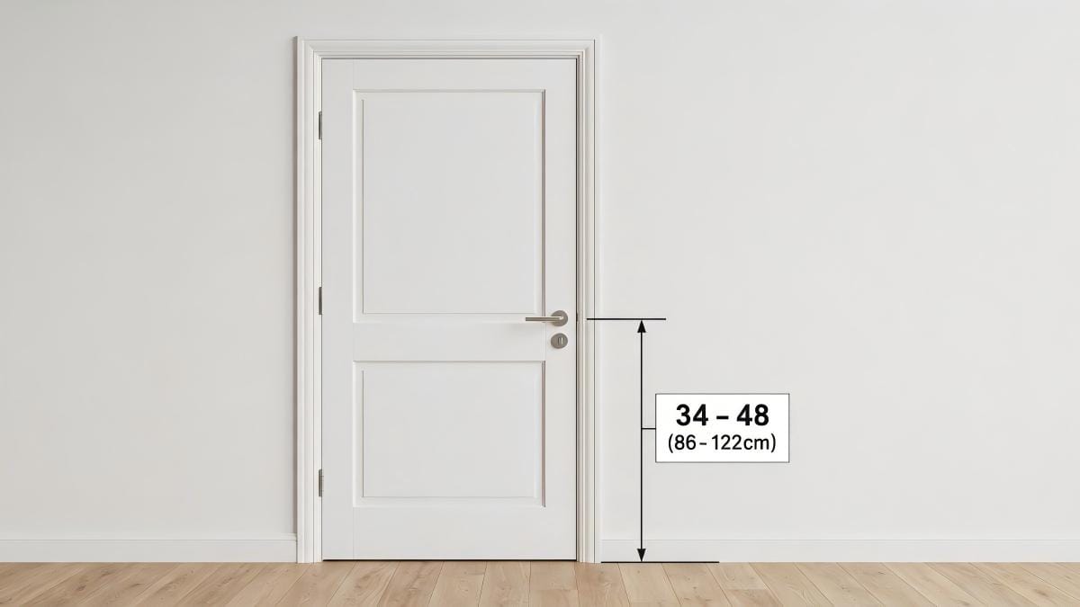 Diagram showing the standard door handle height measured at 34-48 inches from the finished floor on a wooden interior door.