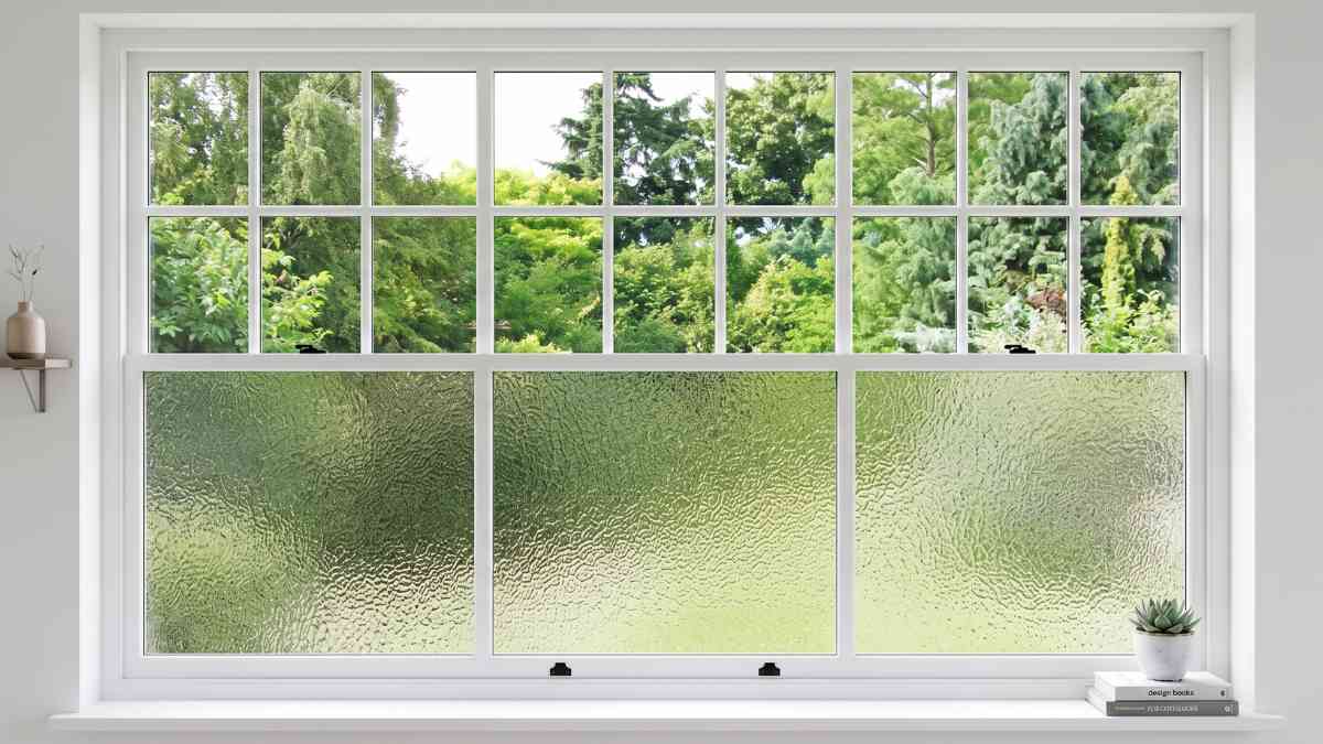 White double-hung residential window featuring clear glass on the top sash and frosted obscured glass on the bottom for privacy.