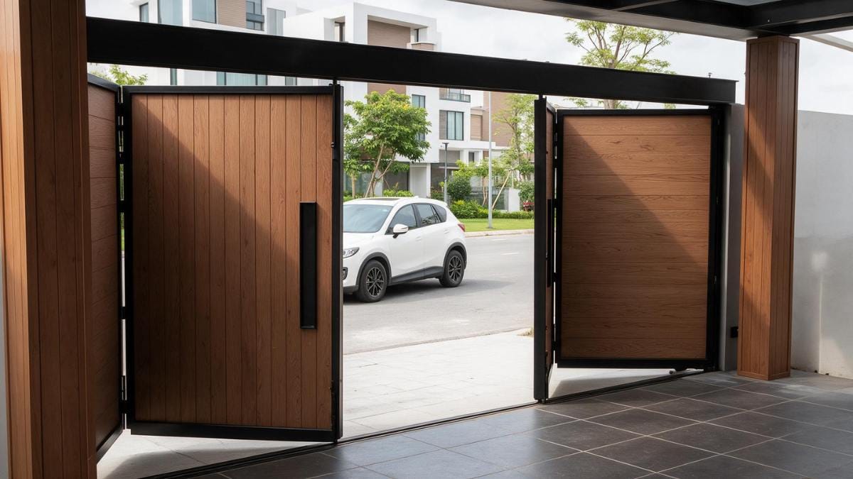 wood look aluminum bifold garage door
