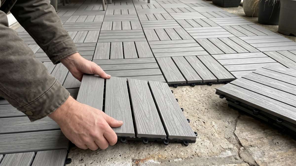 A person kneeling to DIY install interlocking composite deck tiles on a concrete patio, snapping them together by hand without tools