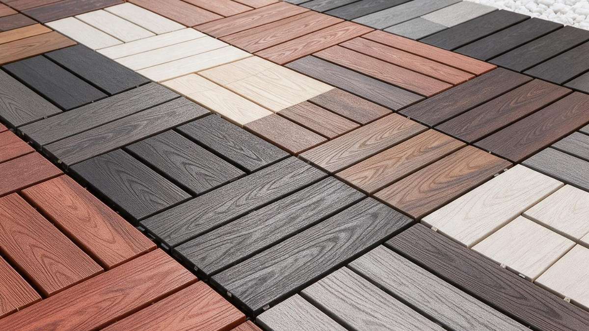 Close-up of interlocking WPC composite deck tiles being installed on a concrete surface showing the click-and-lock plastic grid base