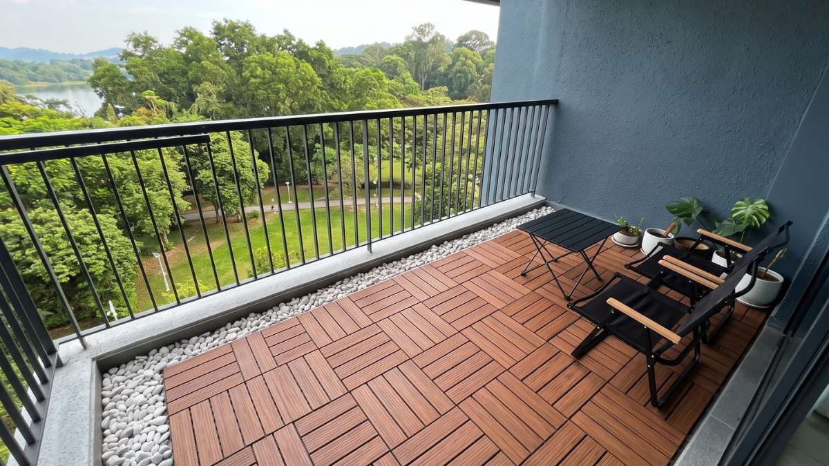 A modern outdoor rooftop terrace featuring brown interlocking composite deck tiles laid in a checkerboard pattern with dining furniture