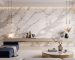 Seamless white marble decorative stone feature wall in a minimalist modern living room.