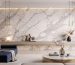 Seamless white marble decorative stone feature wall in a minimalist modern living room.